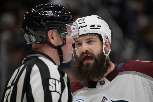 Defenseman Brent Burns (84) of the Colorado Avalanche talks with an official during Game 3 of the first round of the Stanley Cup Playoffs against the Los Angeles Kings on Thursday, April 23, 2026, at Crypto.com Arena in Los Angeles, Calif. (Photo by Timothy Hurst/The Denver Post)