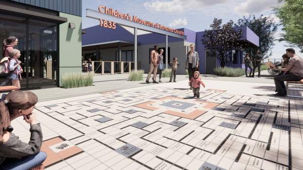 The new outdoor entry plaza at the Children's Museum of Sonoma County, featuring the "Path of Possibility" maze with commermorative bricks honoring museum supporters. The museum is expanding its Steele Lane campus with a new two-story wing that will house additional exhibit spaces and a larger multipurpose room to host school groups and events. (Courtesy of Children's Museum of Sonoma County)