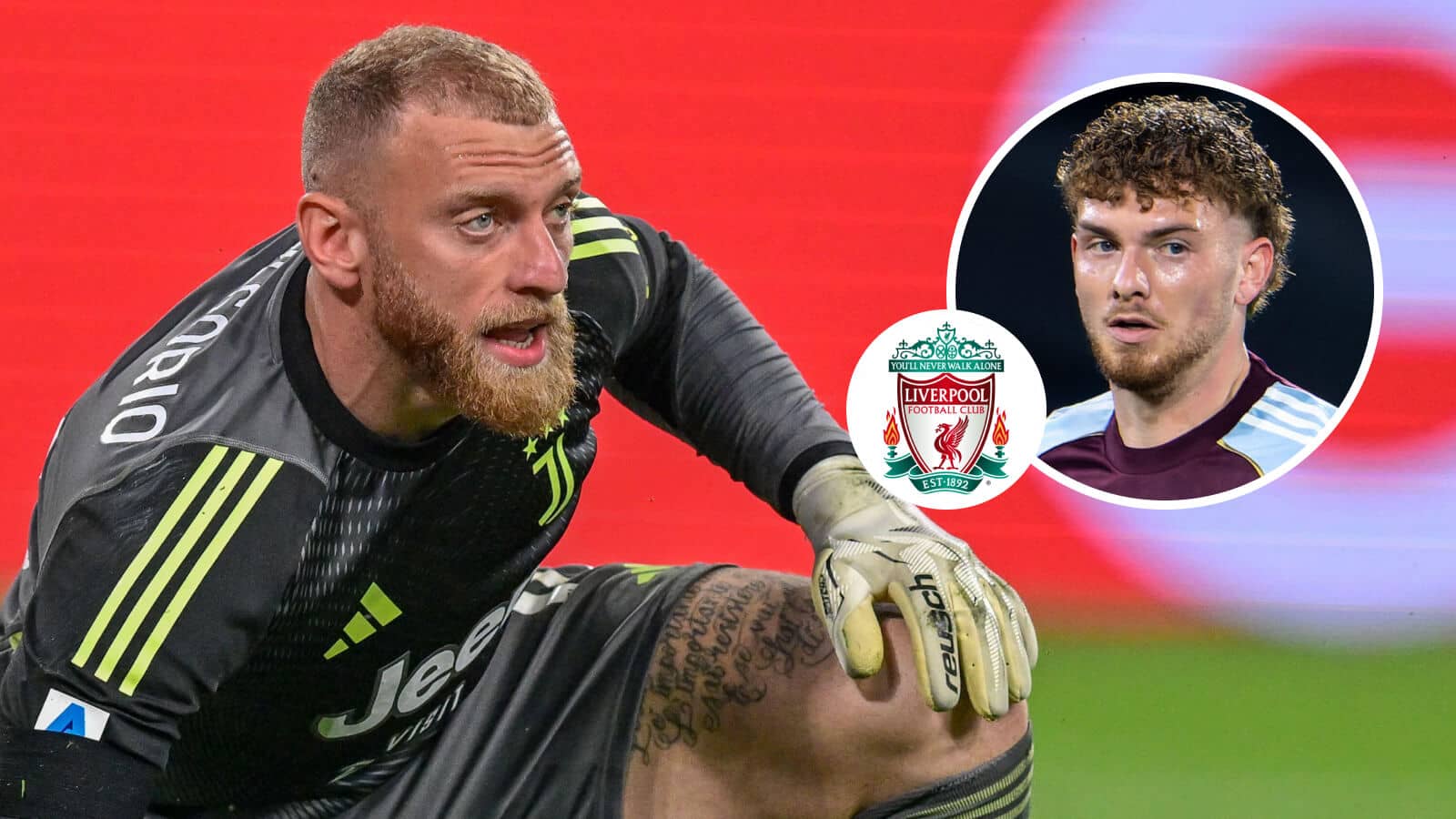 Juventus goalkeeper Michele Di Gregorio, Liverpool badge and Aston Villa attacking midfielder Harvey Elliott - copyright TEAMtalk