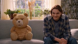 TED -- "Ejectile Disfunction" Episode 103 -- Pictured: (l-r) Seth MacFarlane as voice of Ted, Max Burkholder as John -- (Photo by: PEACOCK)
