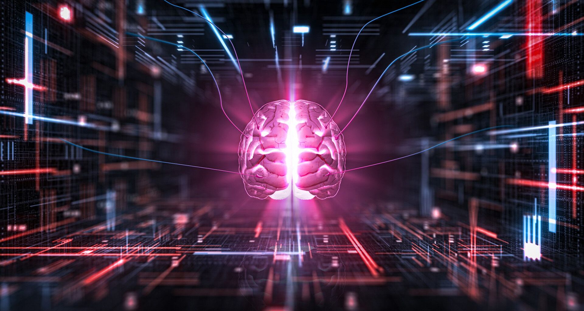 An illustration of a glowing pink brain over a series of colorful red and blue circuits.