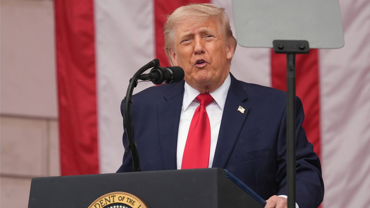 President Donald Trump speaks during the 158th National Memorial Day Observance coinciding with the nation's 250th anniversary, at the Memorial Amphitheater in Arlington National Cemetery, Monday, May 25, 2026, in Arlington, Va. (AP Photo/Alex Brandon)