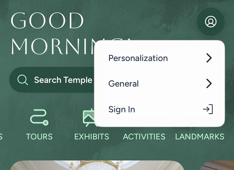 A menu is pictured on the "Explore" section of the Temple Square app of The Church of Jesus Christ of Latter-day Saints.