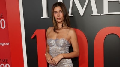 Hailey Bieber attends the 2026 TIME100 gala at The Jazz at Lincoln Center in New York, on April 23, 2026. (AFP)