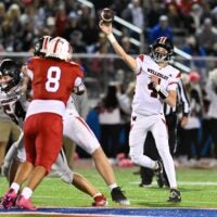 Wellesley sophomore quarterback Lukas Prock passes the ball during a football game against Natick at Memorial Field in Natick, Friday, Oct. 25, 2025. Natick High School football defeated Wellesley, 27-19.
