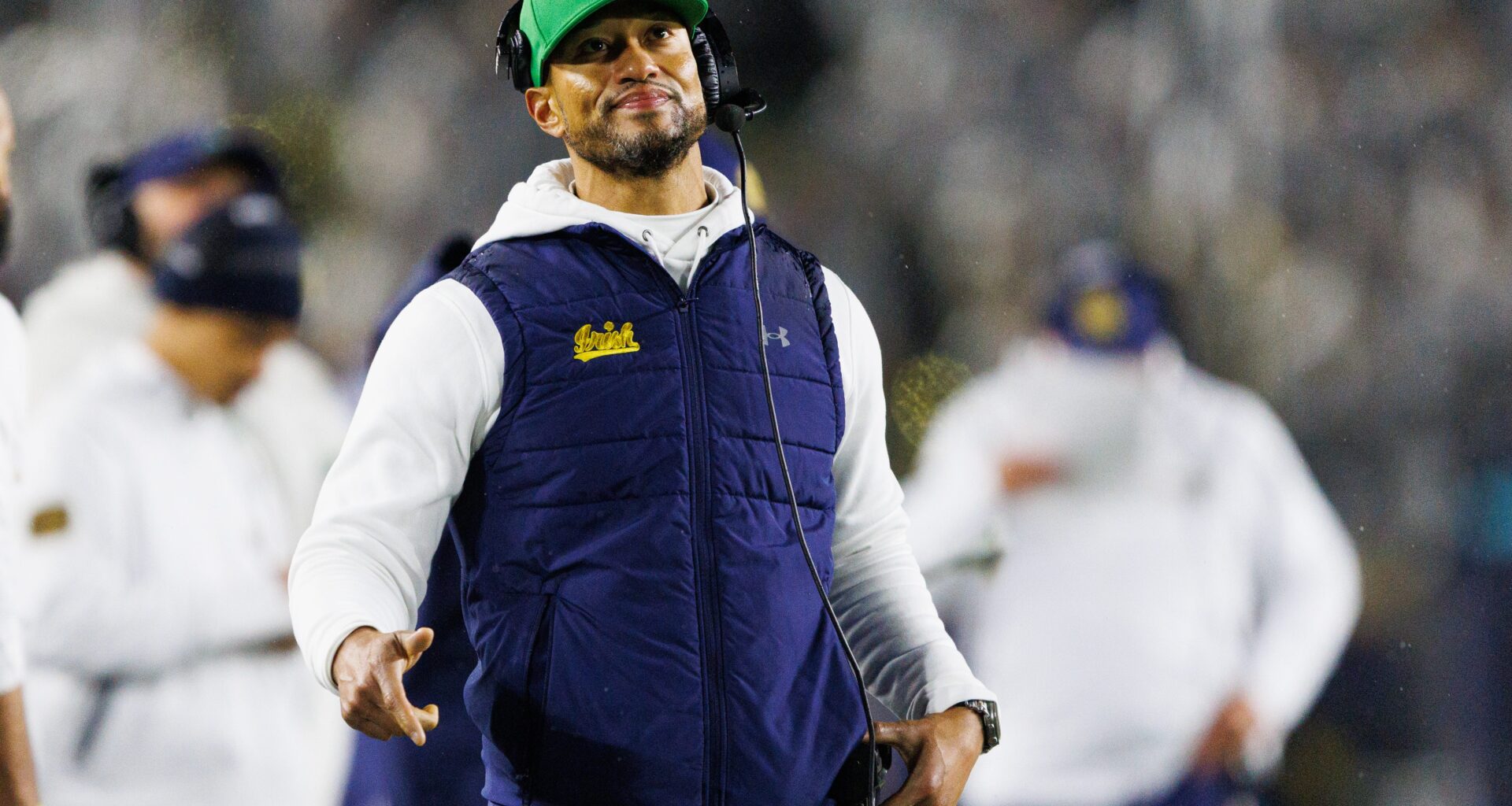Notre Dame head coach Marcus Freeman looks on during the first half of a NCAA football game against Navy at Notre Dame Stadium on Saturday, Nov. 8, 2025, in South Bend.