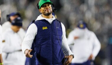 Notre Dame head coach Marcus Freeman looks on during the first half of a NCAA football game against Navy at Notre Dame Stadium on Saturday, Nov. 8, 2025, in South Bend.