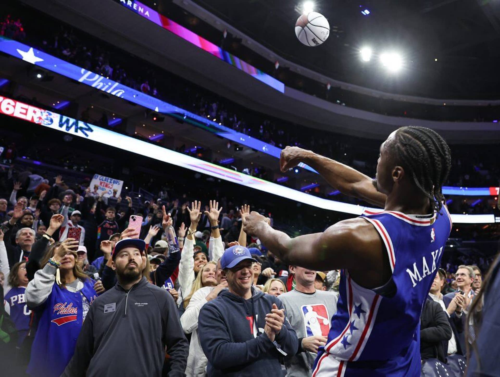Tyrese Maxey celebrates with 76ers fans.