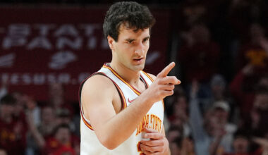 Mar 22, 2026; St. Louis, MO, USA; Iowa State Cyclones forward Milan Momcilovic (22) speaks during the postgame press conference after the game against the Kentucky Wildcats during a second round game of the men's 2026 NCAA Tournament at Enterprise Center. Mandatory Credit: Jeff Le-Imagn Images