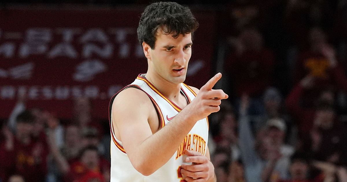Mar 22, 2026; St. Louis, MO, USA; Iowa State Cyclones forward Milan Momcilovic (22) speaks during the postgame press conference after the game against the Kentucky Wildcats during a second round game of the men's 2026 NCAA Tournament at Enterprise Center. Mandatory Credit: Jeff Le-Imagn Images