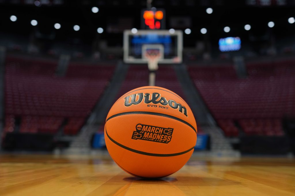 Mar 19, 2026; San Diego, CA, USA; A Wilson Evo NXT basketball with March Madness logo during a practice session ahead of the first round of the men's 2026 NCAA Tournament at Viejas Arena. Mandatory 