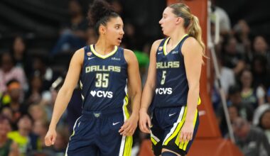 May 3, 2026; Austin, TX, USA; Dallas Wings guards Azzi Fudd (35) and Paige Bueckers (5) at the start of the second half against the Las Vegas Aces at Moody Center. Mandatory Credit: Scott Wachter-Imagn Images