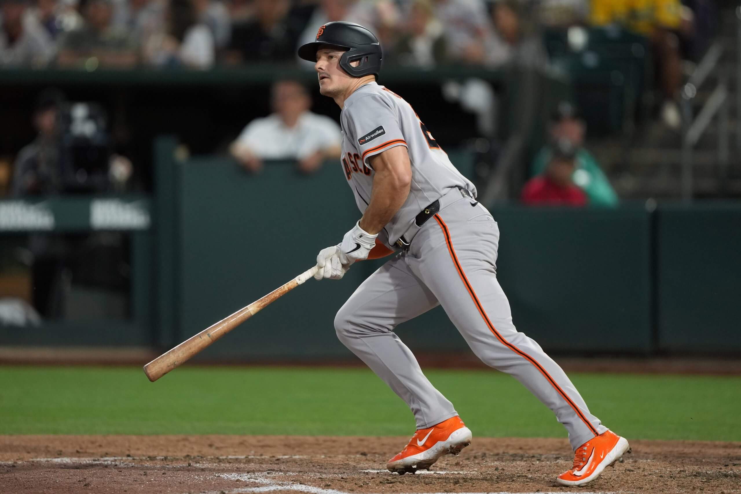San Francisco Giants third baseman Matt Chapman (26) hits an RBI double against the Athletics during the seventh inning at Sutter Health Park. Mandatory Credit:
