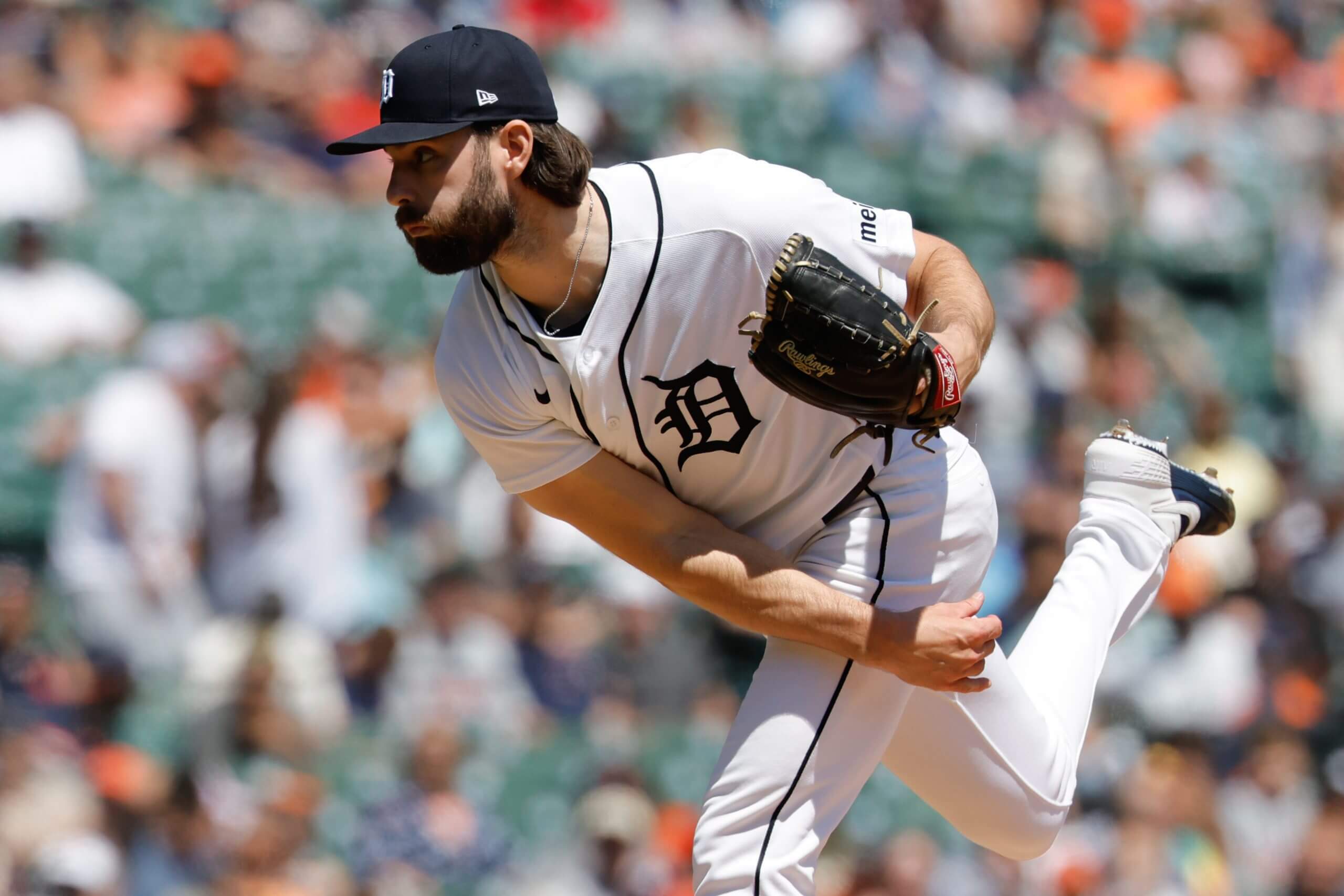 Detroit Tigers pitcher Brenan Hanifee follows through on a pitch.