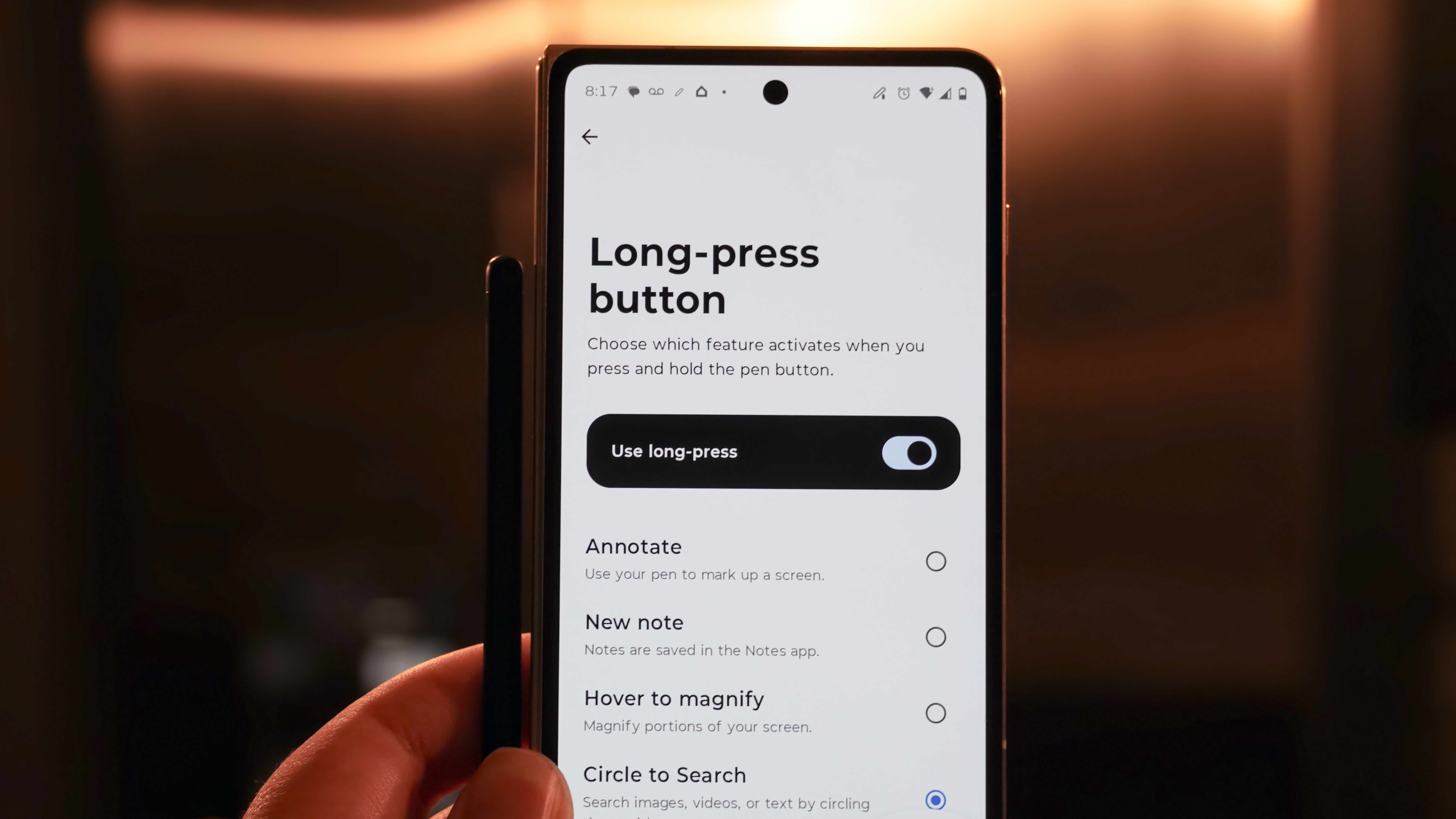 The Moto Pen Ultra being used on the Motorola Razr Fold.