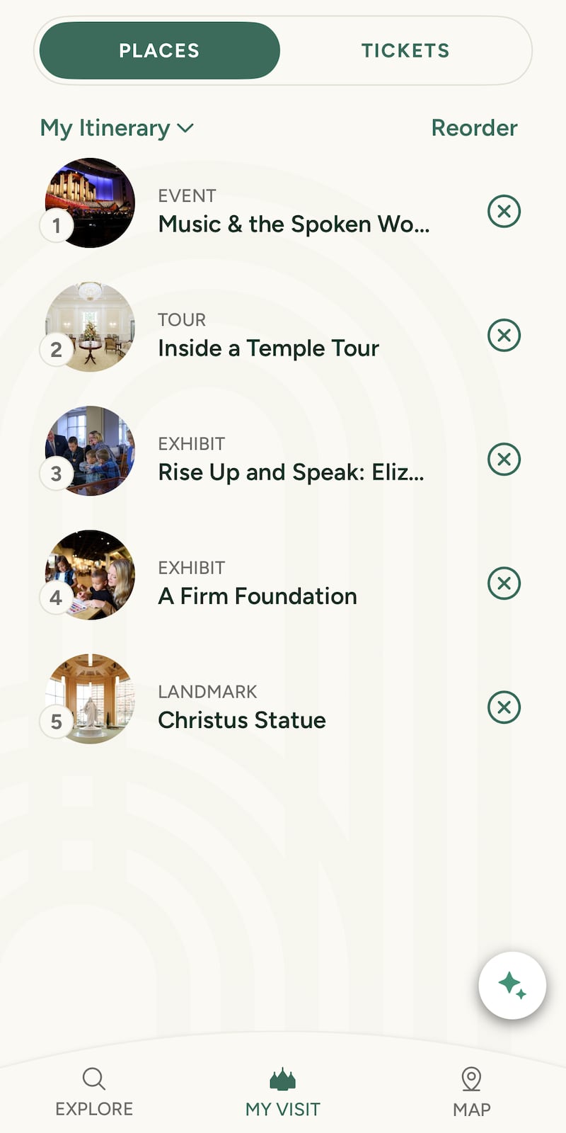 The "My Visit" section is pictured on the Temple Square app of The Church of Jesus Christ of Latter-day Saints.