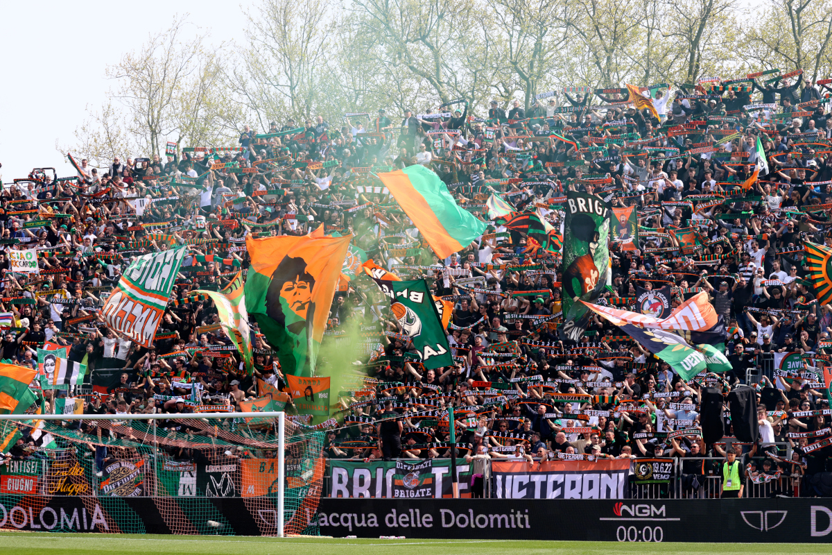 VENICE, ITALY - APRIL 12: Supporters of Venezia in action prior the Serie A match between Venezia and Monza at Stadio Pier Luigi Penzo on April 12, 2025 in Venice, Italy. (Photo by Maurizio Lagana/Getty Images)