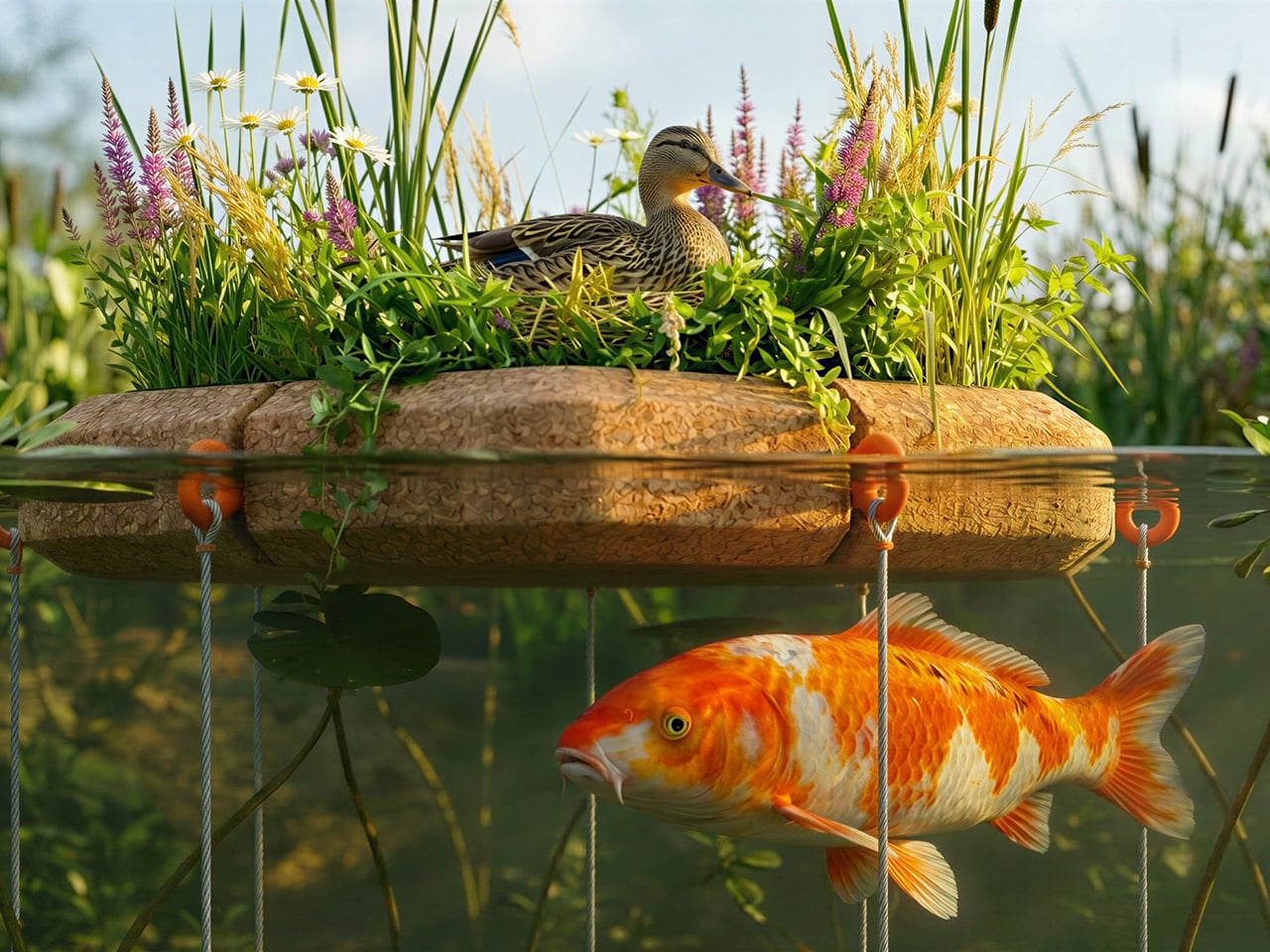 Duck perched in a woven planter filled with plants floating on a pond, with a large orange koi swimming below.