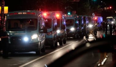 Ambulances line up on South Broad Street to evacuate patients from Jefferson Methodist Hospital in South Philadelphia after a power outage in the early morning hours of Wednesday, May 20, 2026.