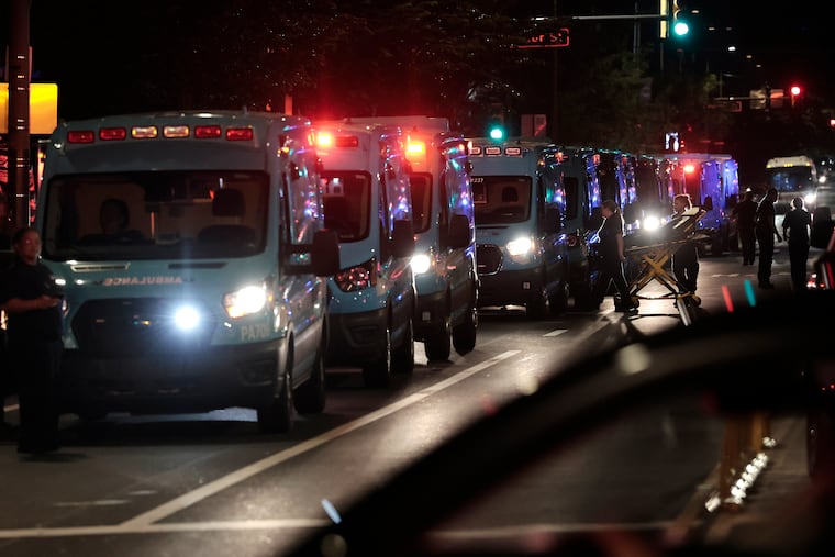 Ambulances line up on South Broad Street to evacuate patients from Jefferson Methodist Hospital in South Philadelphia after a power outage in the early morning hours of Wednesday, May 20, 2026.