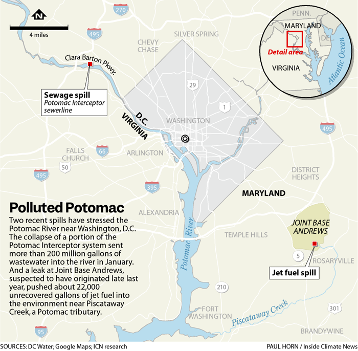 A map of the Potomac River near Washington, D.C., showing the sites of the sewage and jet fuel spills.