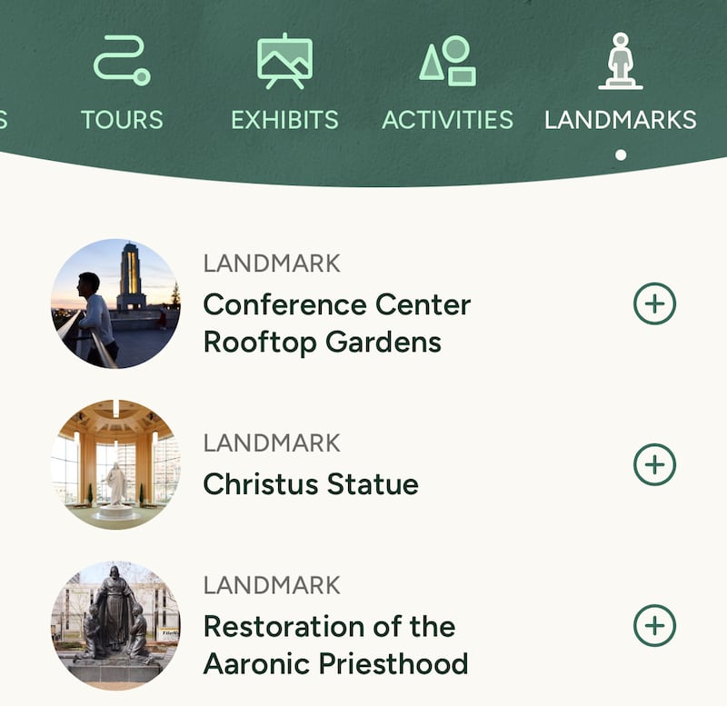 Landmarks are pictured in the "Explore" section of the Temple Square app of The Church of Jesus Christ of Latter-day Saints.