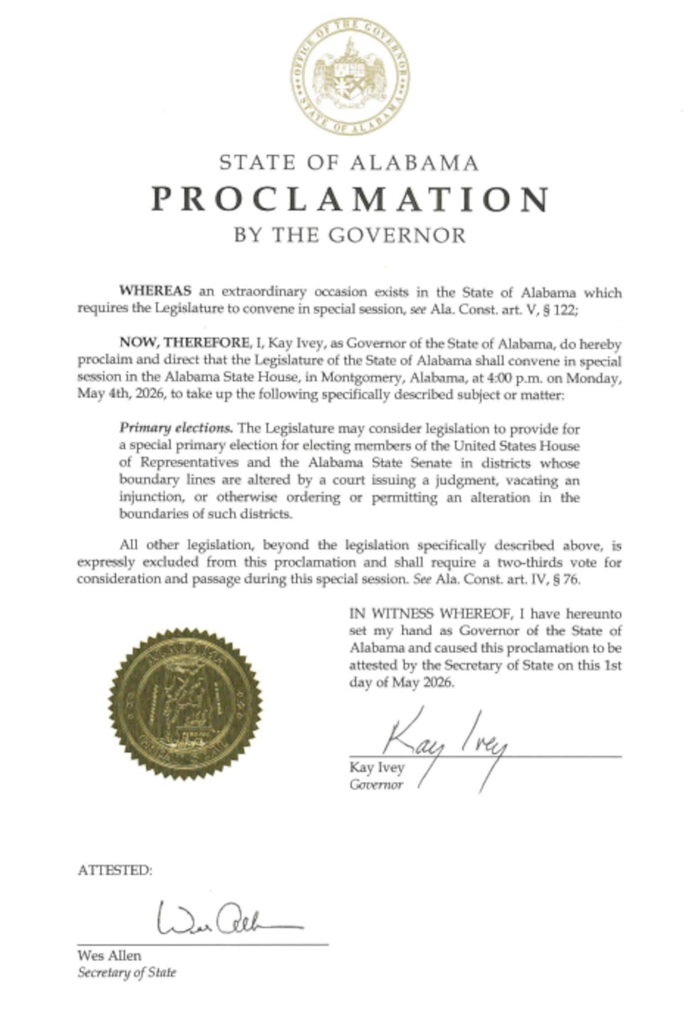 Gov. Kay Ivey's proclamation calling a special session of the Alabama Legislature to consider...