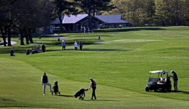 Golfers play the first fairway at the William J. Devine in Franklin Park.