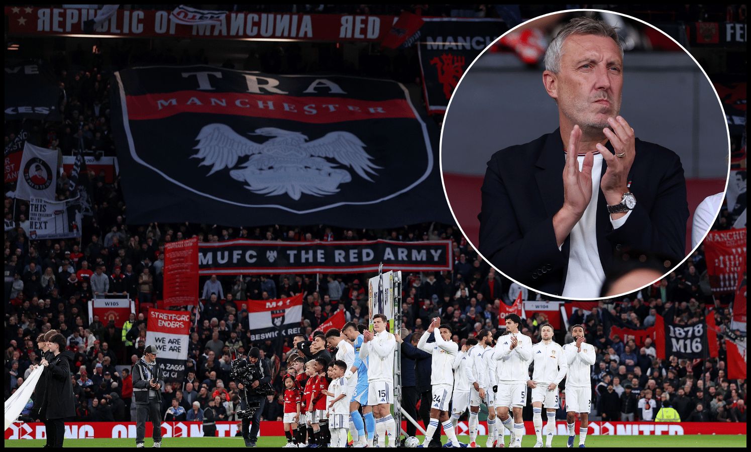 MANCHESTER, ENGLAND - APRIL 13: General view inside the stadium as players of Leeds United line up prior to the Premier League match between Manchester United and Leeds United at Old Trafford on April 13, 2026 in Manchester, England.