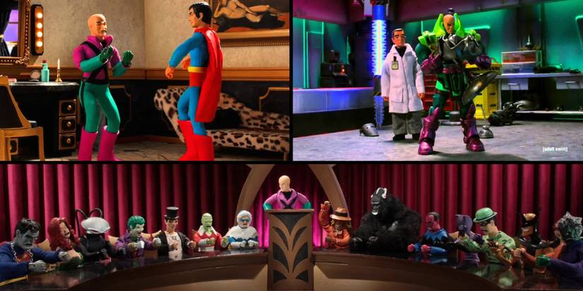 A collage of Lex Luthor in the Robot Chicken DC Comics Special