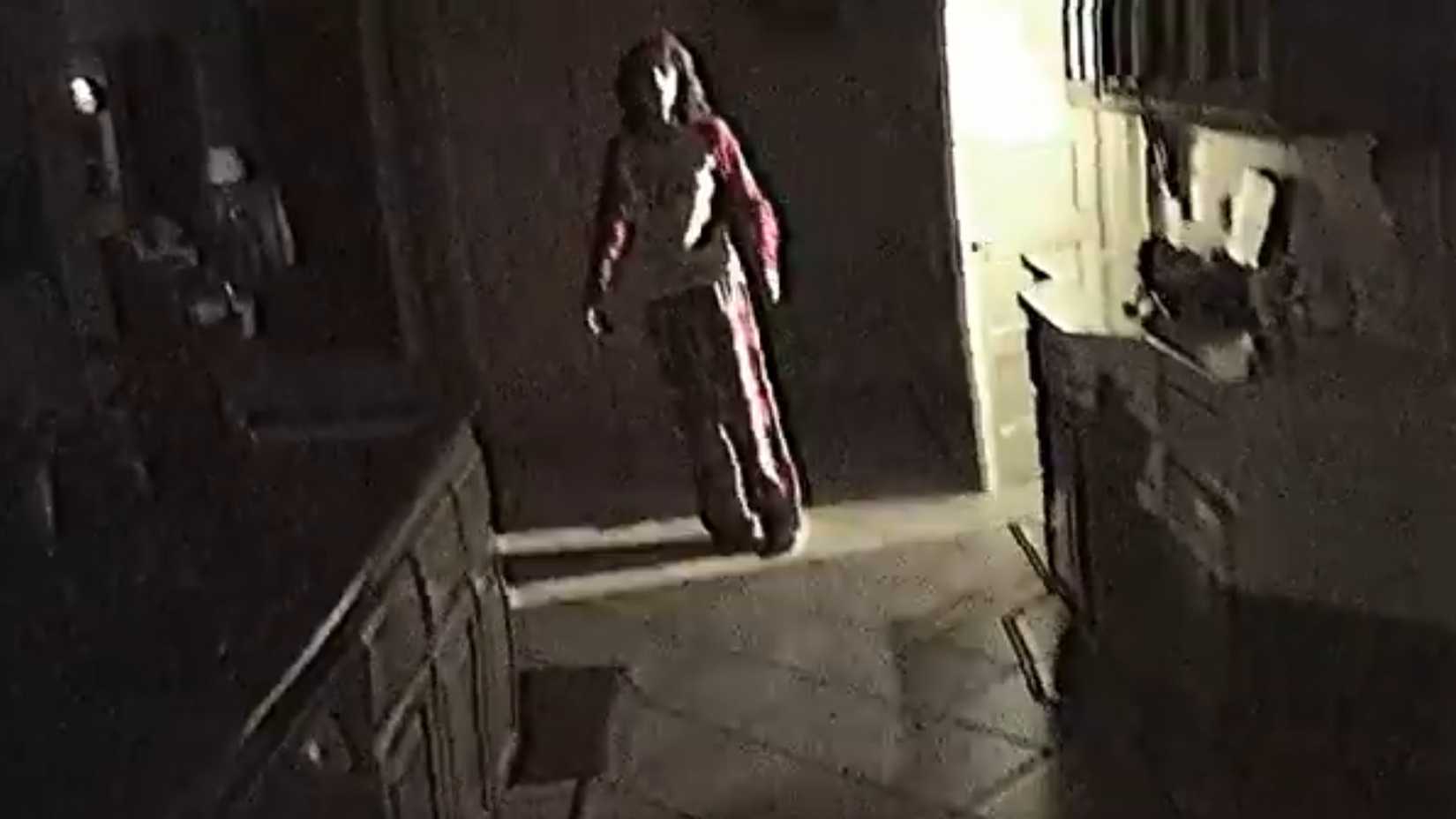 A terrified woman in the kitchen about to run from the killer in the poughkeepsie tapes