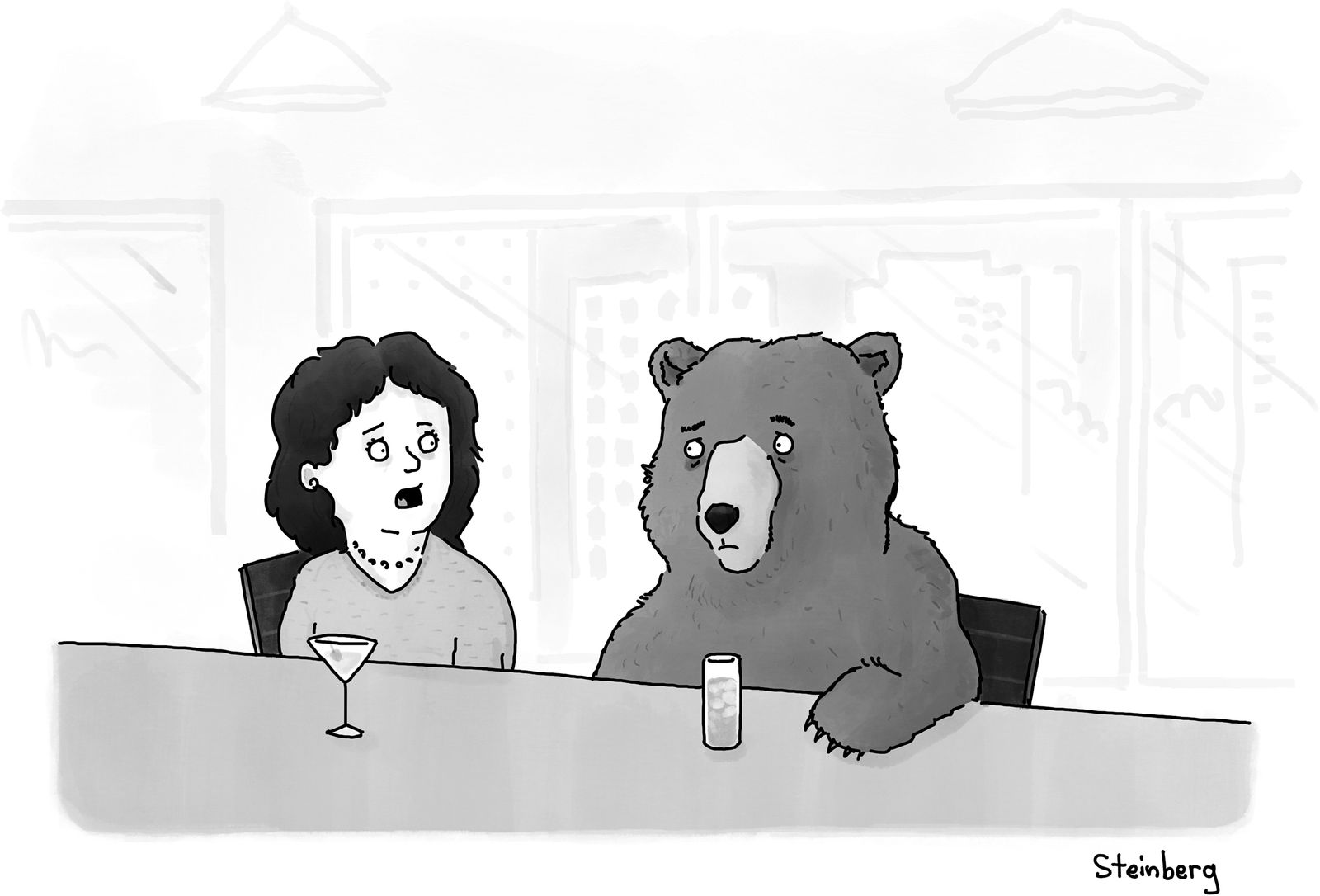 Woman and bear sit at bar together.