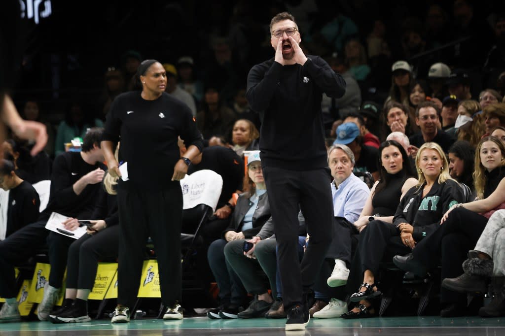 New York Liberty head coach Chris DeMarco yells during the first half of a preseason WNBA game against the Indiana Fever at the Barclays Center in Brooklyn, N.Y. on Saturday, April 25, 2026. Heather Khalifa for NY Post