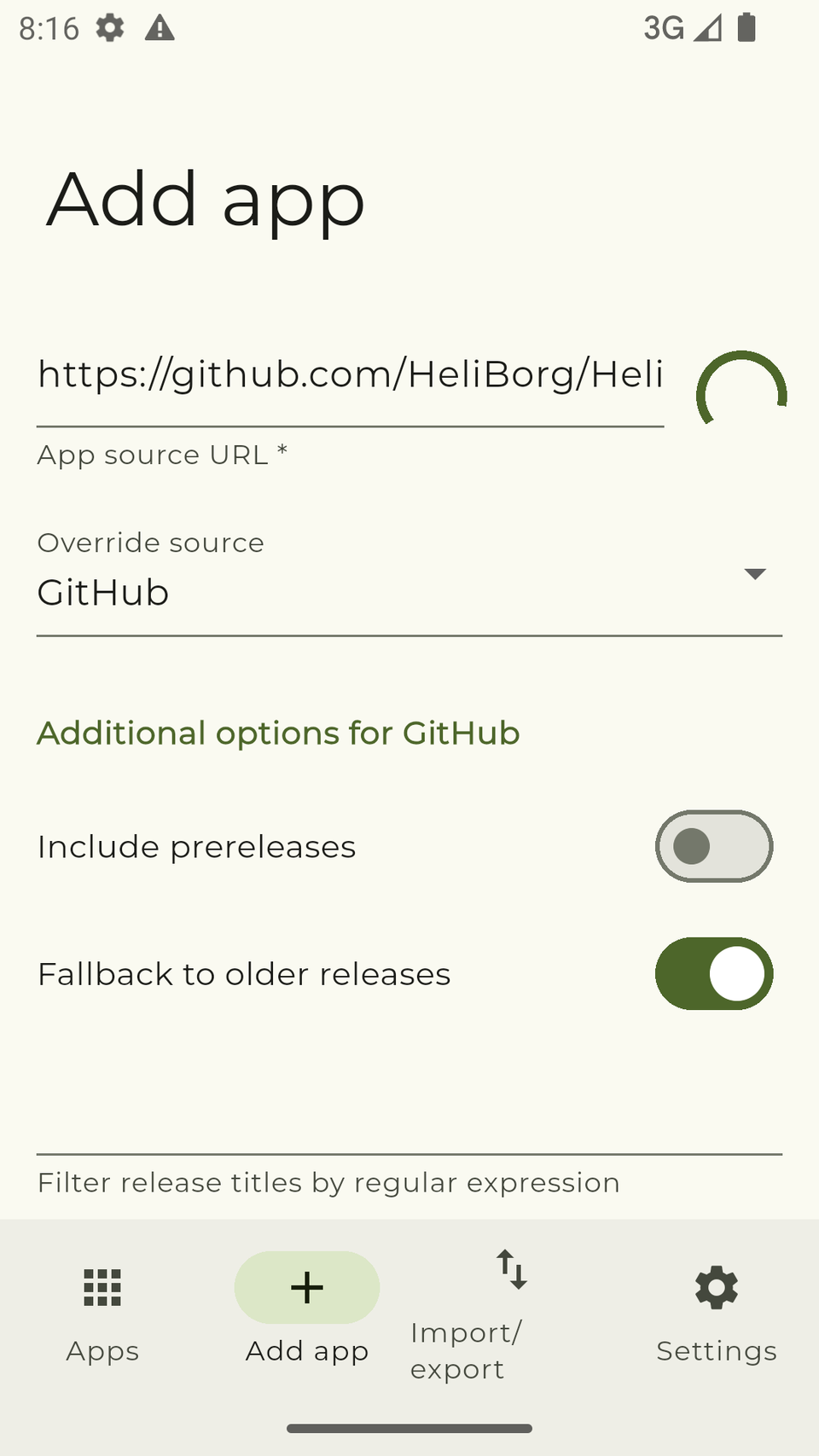 Adding an app to the list of Obtanium apps.