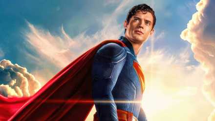 David Corenswet's Superman looks at the horizon in front of a sunny sky in Superman poster