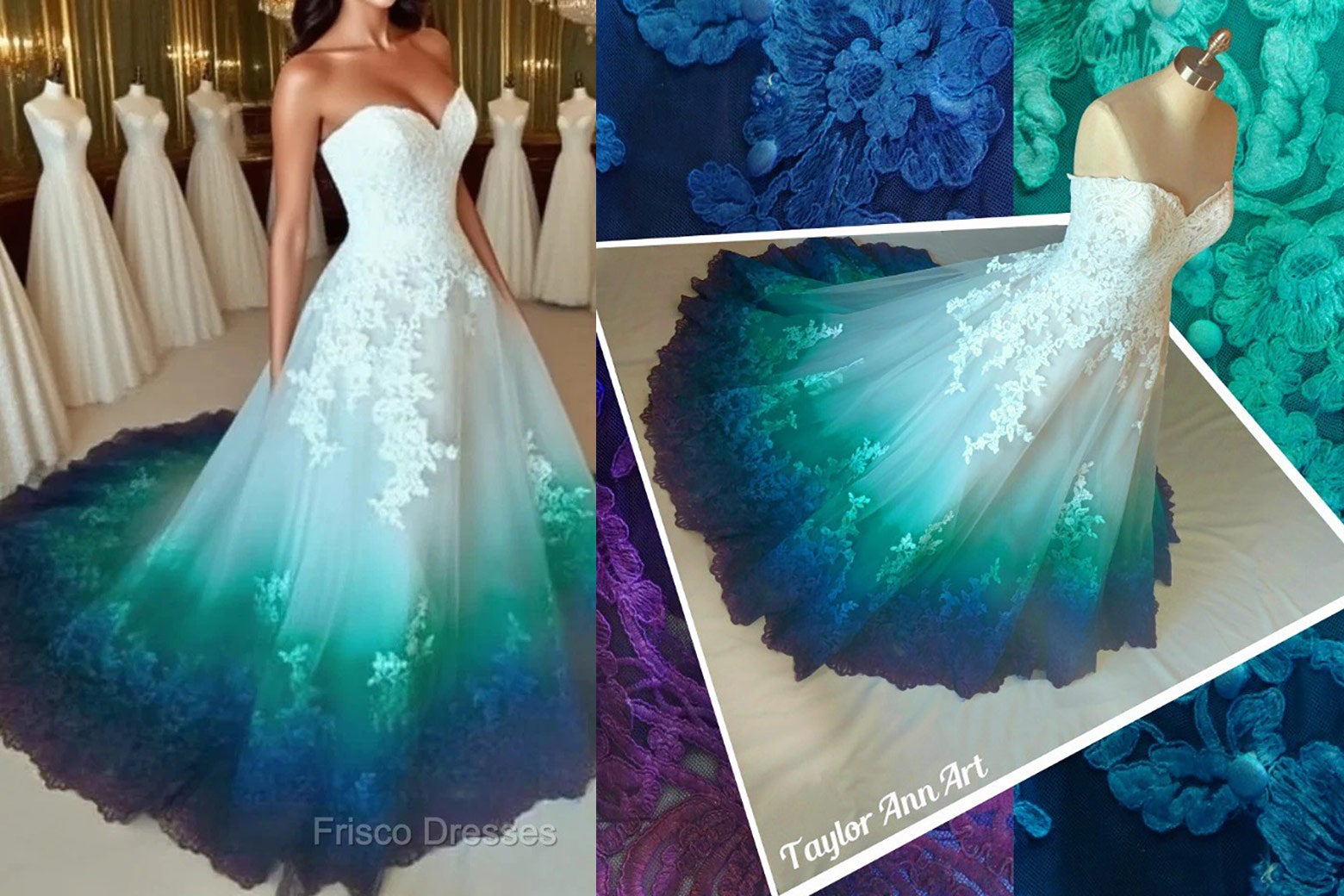 The same dress, but one is on a mannequin and has some closeup shots of parts of the dress and the other is photoshopped onto a headless woman in a weird room full of mannequins.