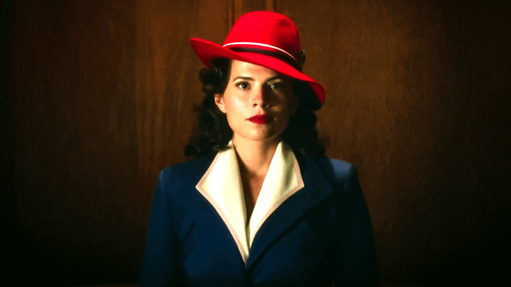 Hayley Atwell's Peggy Carter wearing a red hat.