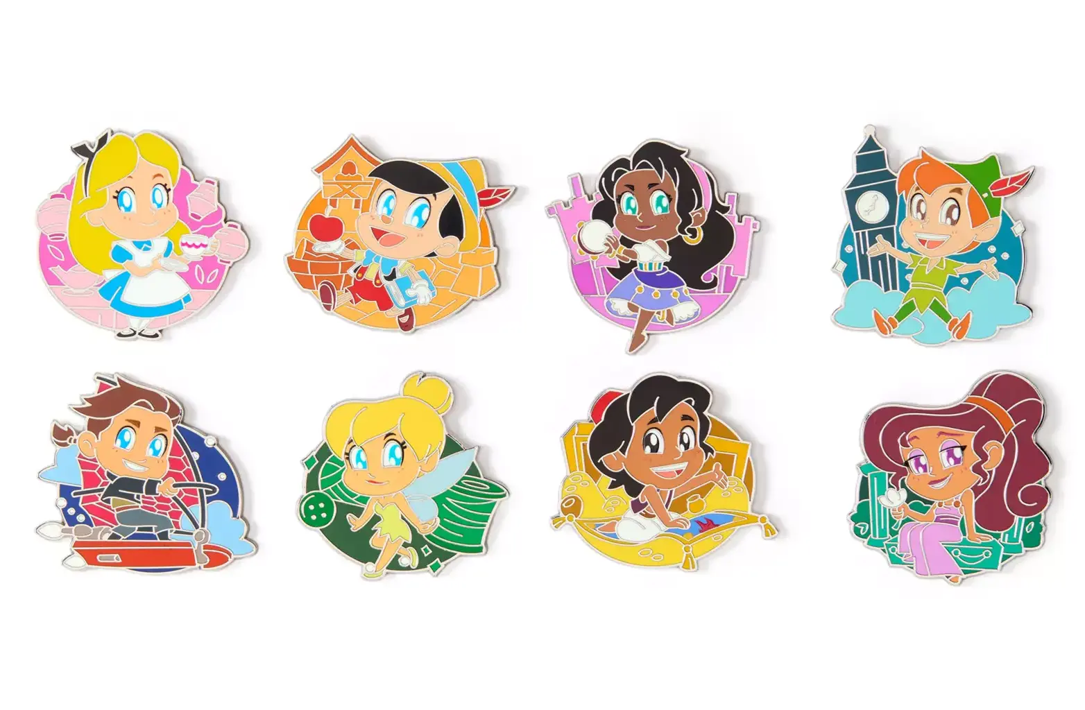 In a pastel, multicolored box, the Animated Cuties mystery pins come two to a box. There are eight possible pins you can receive.