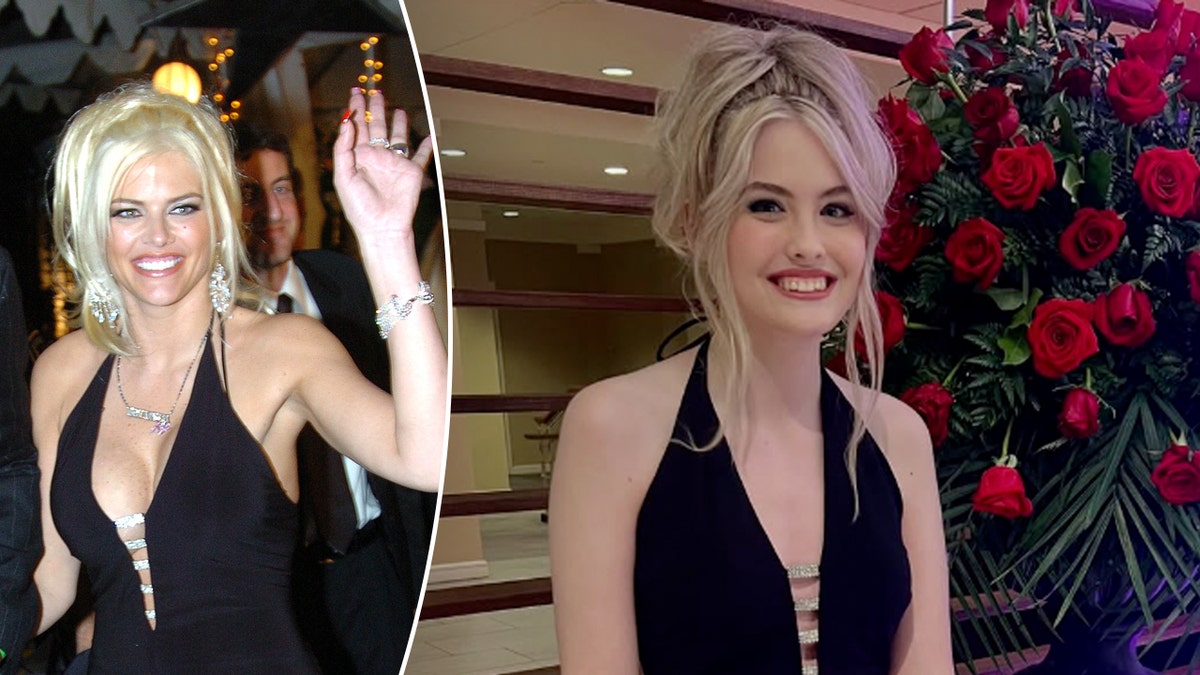 Dannielynn Birkhead smiling and wearing Anna Nicole Smith's dress at a party.