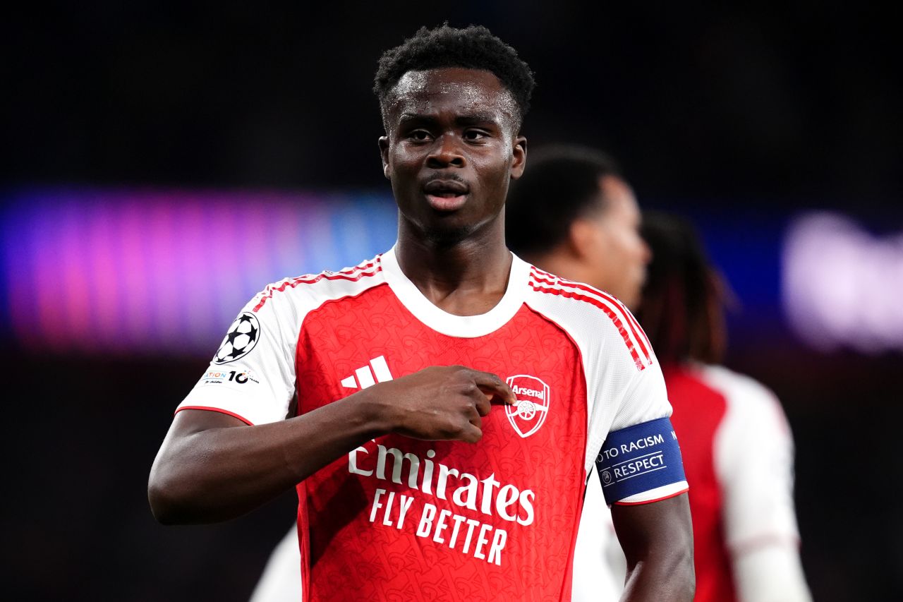 Arsenal's Bukayo Saka celebrates a goal during the semifinal second leg against Atlético Madrid.