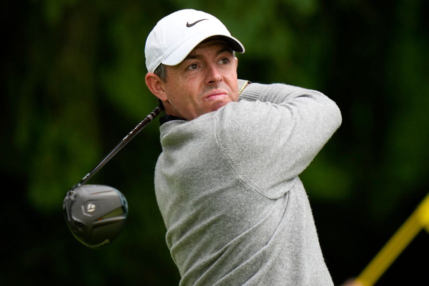 Rory McIlroy, of Northern Ireland, hits from the fourth tee during the second round of the PGA Championship golf tournament at Aronimink Golf Club, Friday, May 15, 2026, in Newtown Square, PA. (AP Photo/Frank Franklin II)