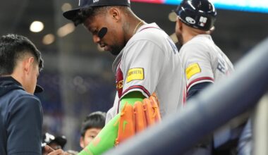 Ronald Acuña Jr. exits Marlins game as precaution due to left thumb pain