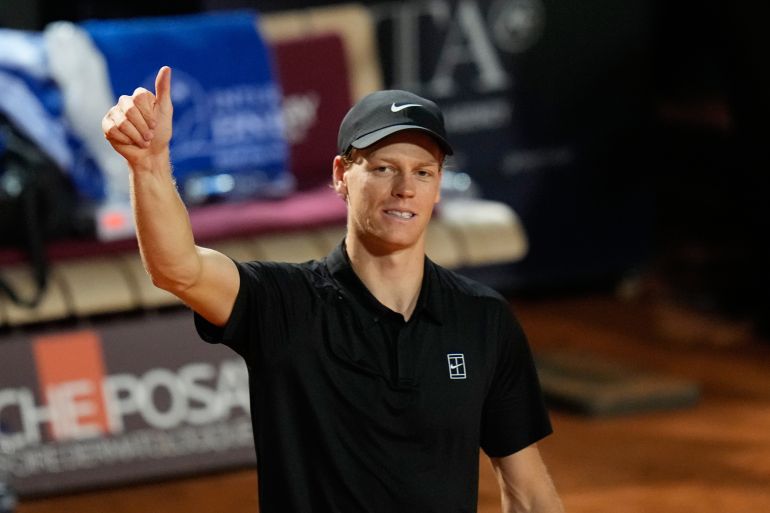 Italy's Jannik Sinner celebrates after winning the match against Austria's Sebastian Ofner at the Italian Open tennis tournament in Rome, Saturday, May 9, 2026. (AP Photo/Alessandra Tarantino)