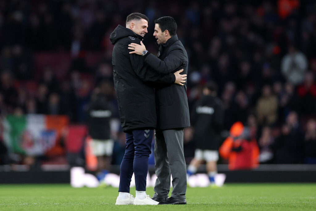 Mikel Arteta, Manager of Arsenal, embraces Granit Xhaka of Sunderland following the Premier League match between Arsenal and Sunderland at Emirates Stadium on February 07, 2026
