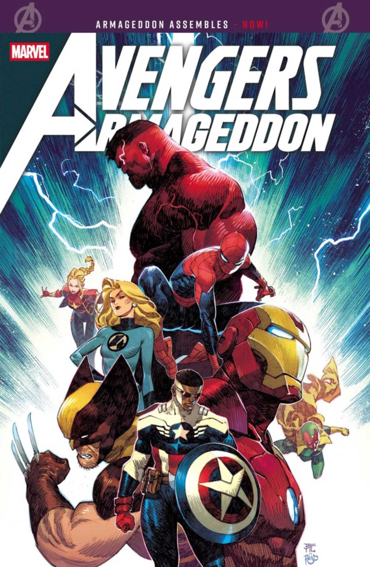 Avengers Armageddon #1 cover, featuring a wide mix of Marvel heroes including Invisible Woman