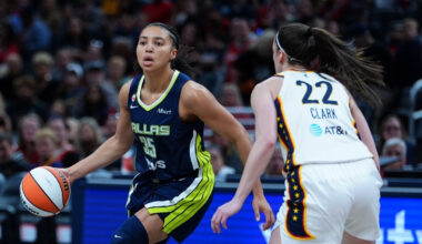 Dallas Wings guard Azzi Fudd (No. 35) drives to the basket against Indiana Fever guard Caitlin Clark (No. 22) during the 2026 preseason opener.