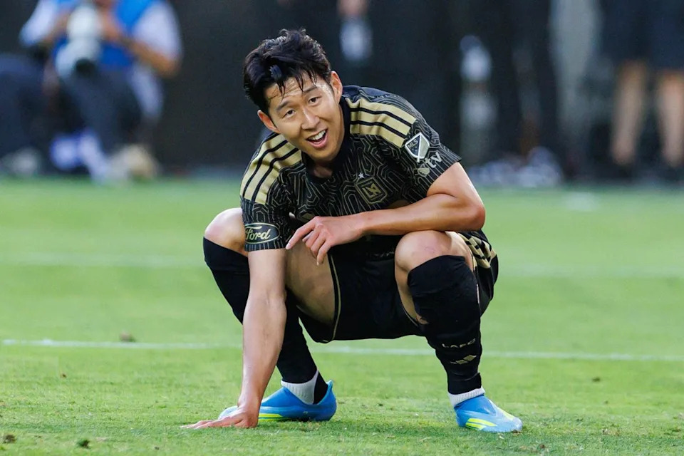 Son Heung-Min #7 of LAFC reacts after a missed goal during an MLS match against Houston Dynamo FC on May 10, 2026 at BMO Stadium in Los Angeles, California.