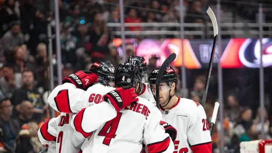 Carolina Hurricanes left wing Jordan Martinook (48) scores during the 2nd period of the game against the Anaheim Ducks on Sunday, March 23rd, 2025, at Honda Center in Anaheim, CA.