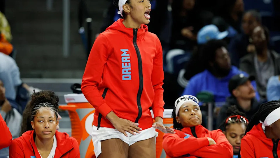 Apr 29, 2026; Chicago, IL, USA; Atlanta Dream forward Angel Reese (5) reacts during the second half of a WNBA preseason game against the <a class="link " href="https://sports.yahoo.com/wnba/teams/chicago/" data-i13n="sec:content-canvas;subsec:anchor_text;elm:context_link" data-ylk="slk:Chicago Sky;sec:content-canvas;subsec:anchor_text;elm:context_link;itc:0" data-yga="{"yLinkElement":"context_link","yModuleName":"content-canvas","yLinkText":"Chicago Sky","ySubModuleName":"anchor_text","yHasCommerce":false}">Chicago Sky</a> at Wintrust Arena. Mandatory Credit: Kamil Krzaczynski-Imagn Images© Kamil Krzaczynski-Imagn Images&period;