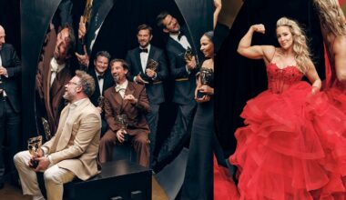 A group of people in formal attire laugh and hold gold trophies on the left, while a woman in a dramatic red gown flexes her arm and smiles confidently on the right.
